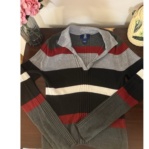 SO Sweaters - So! Collared Striped Polo Sweater Size L